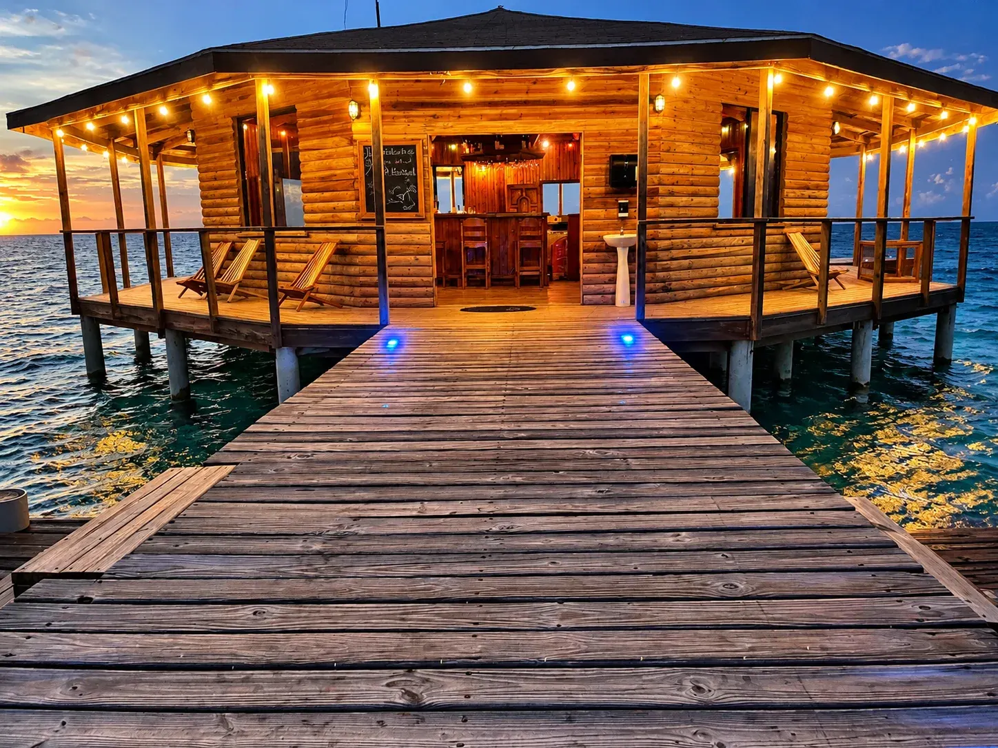 Illuminated pier and overwater bar at Isla Marisol
