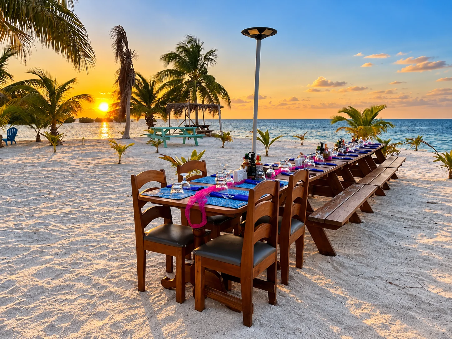 Dining table on the island beach at sunset